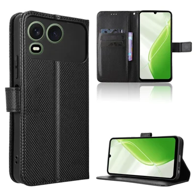 Funda tipo cartera de cuero para itel A200+ / itel A200 con correa y textura de diamante - Negra