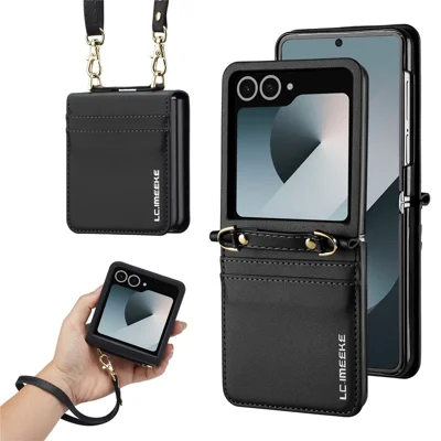 LC.IMEEKE L1 per Samsung Galaxy Z Flip8 Custodia in Pelle+PC con Cinghie e Fessure per Schede - Nero