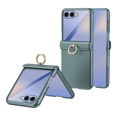 For Samsung Galaxy Z Flip8 Case with Tempered Glass Film Ring Holder Kickstand PC Phone Cover - Green