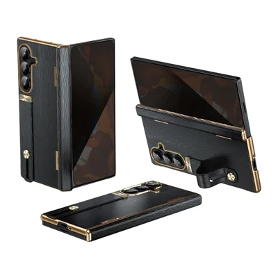 Étui pour Samsung Galaxy Z Fold8 Ultra avec dragonne rétractable, support pivotant, protection des charnières et film en verre trempé - Noir