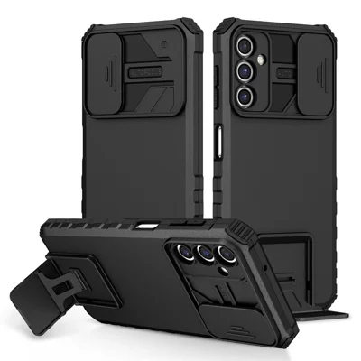 For Samsung Galaxy A14 5G / A14 4G Slide Camera Protection PC + TPU Phone Case Adjustable Kickstand Anti-Drop Cover - Black