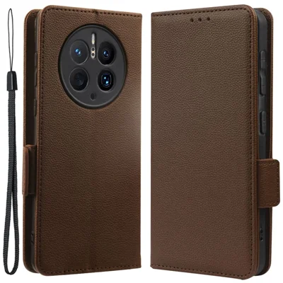 Para Huawei Mate 50 Pro 4g Tampa de Telefone Magnético Litchi Textura Carteira Dobrável Suporte de Couro PU PU Caixa de Telefone Com Cinta - Castanho