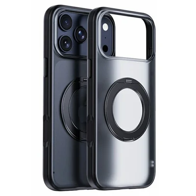 For iPhone 17 Pro Magnetic Case Rotating Kickstand Matte  PC + TPU Phone Cover - Transparent Black