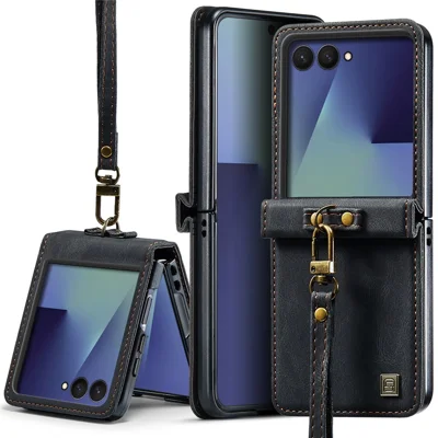 AUTSPACE A01 Fodral för Samsung Galaxy Z Flip8 Matt PU-läder + PC vikbara telefonhölje med handrem - Svart
