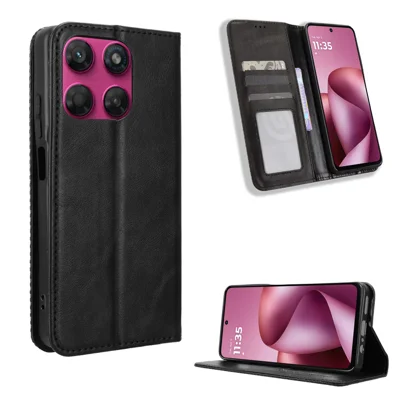 För Motorola Moto G37 Power 5G / Motorola Moto G47 5G / Motorola Moto G37 5G Läderfodral Med Plånbokstil Med Ställfunktion Retrostruktur Telefonhölse - Svart