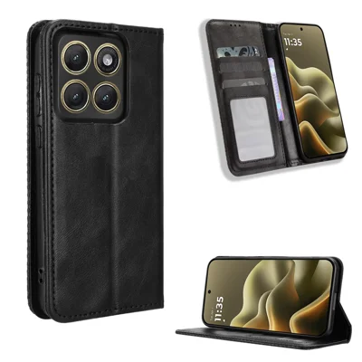  Für Motorola Edge (2026) Ledertasche mit Ständer, Retro-Optik Handyhülle - Schwarz