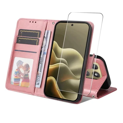  HAT PRINCE für Motorola Edge (2026) Brieftaschenhülle ENKAY Kalbsleder-Optik Ledertasche mit Ständer und Hydrogel-Folie / Gurt - Rosa