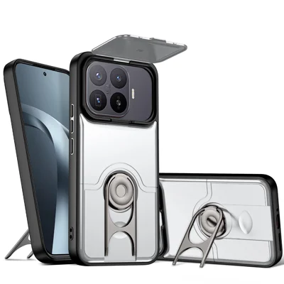 Coque pour Xiaomi 17T Pro avec couvercle coulissant pour appareil photo, support pivotant PC + TPU, housse de protection - Argent