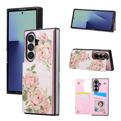 For Samsung Galaxy Z Fold8 Ultra Case Flower Leather TPU RFID Blocking Phone Cover Card Slots - Rose Flower