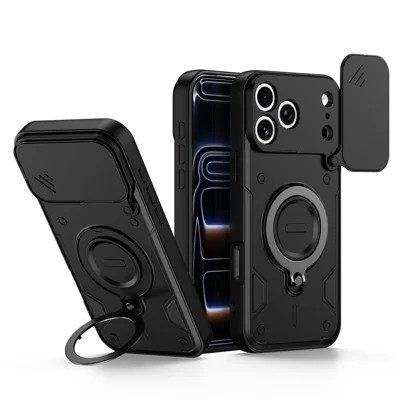 Voor iPhone 17 Pro Max-hoesje met schuifbare lensafdekking draaibare standaard stootvaste TPU + PC telefoonhoes - Zwart