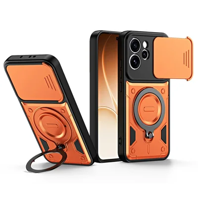 For Oppo Reno15 Pro 5G (Global) / Reno15 5G (China) Case with Slide Lens Cover Rotatable Kickstand Shockproof TPU + PC Phone Shell - Orange