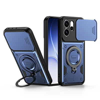 For Oppo Reno15 Pro Max 5G (Global) / Reno15 Pro 5G (China) Case with Slide Lens Cover Rotatable Kickstand Shockproof TPU + PC Phone Shell - Sapphire