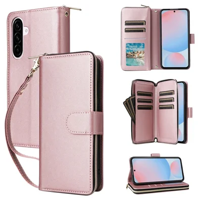 For Samsung Galaxy A27 5G Case 9 Card Slots Zipper Pocket PU Leather Phone Cover with Wrist Strap - Rose Gold