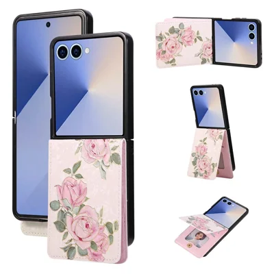 For Samsung Galaxy Z Flip8 Case Flower Leather TPU RFID Blocking Phone Cover Card Slots - Rose Flower - Rose Flower
