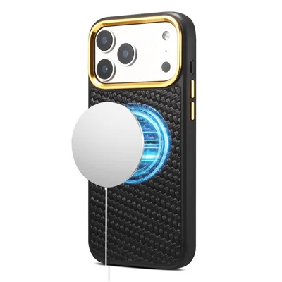 DENIOR A26+1 pour iPhone 17 Pro Max Étui Magnétique en Cuir Véritable Texturé Cuir de Vache Revêtement PC TPU avec Cadre Métallique pour Objectif - Noir