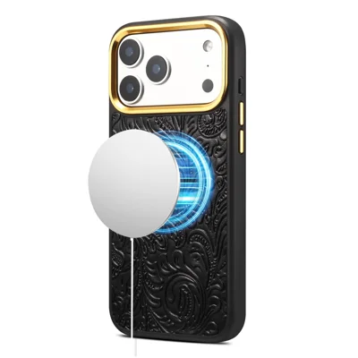 DENIOR A26+2 Pour iPhone 17 Pro Max Étui Magnétique Rétro en Véritable Cuir de Vache avec Motif Fleuri en Relief Revêtement PC + TPU avec Bague Magnétique et Cadre d'Objectif Métallique - Noir