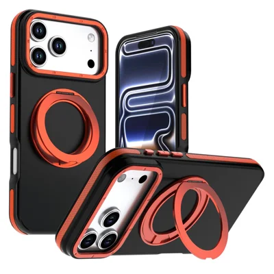 For iPhone 18 Pro Max Magnetisk Case Dobbelt Farve Roterende Ring Støtteben PC + TPU Telefondæksel - Orange
