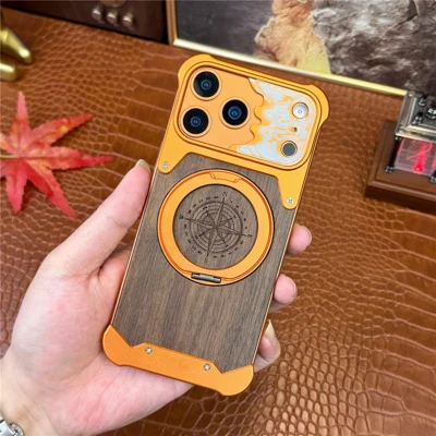 For iPhone 17 Pro Frameless Case Magnetic Kickstand Horse Pattern Walnut Wood Shockproof Phone Cover - Orange