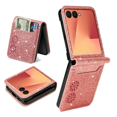 For Samsung Galaxy Z Flip8 Case Card Holder Starry Sky Carving PU Leather + PC Phone Cover - Rose Gold