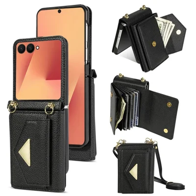 Custodia per Samsung Galaxy Z Flip8 con Slot per Carte e Coperchio in PU + PC con Tracolla Lunga - Nero