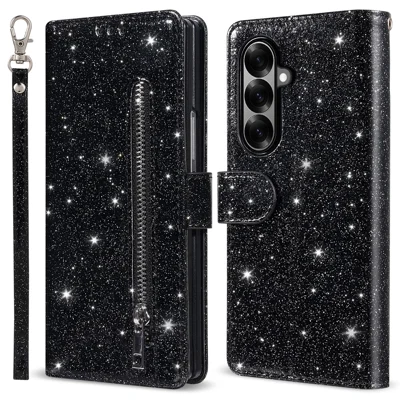 For Samsung Galaxy Z Fold8 Ultra PU + PC Stand Case Glitter Phone Leather Cover Zipper Pocket with Strap - Black