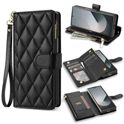 For Samsung Galaxy Z Fold8 Ultra Case Rombe-stiksager Læder Wallet Telefonbeskyttelse med Lang/Kort Snor - Sort