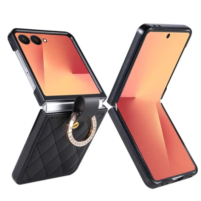 For Samsung Galaxy Z Flip8 Case Quilted Leather Phone Cover with Ring Holder - Black