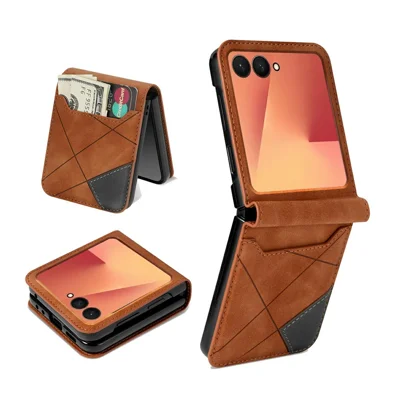 For Samsung Galaxy Z Flip8 Case Card Holder Color Splicing PU Leather + PC Phone Cover - Brown