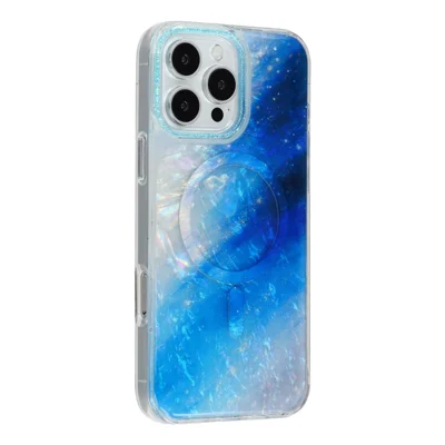 For iPhone 16 Pro Max Magnetic Case Shell Pattern Gradient PC+TPU Epoxy Phone Cover - Blue