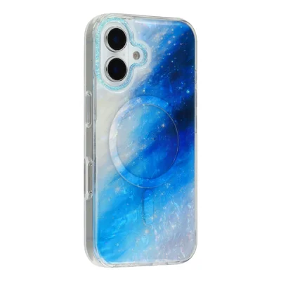 For iPhone 16 Magnetic Case Shell Pattern Gradient PC+TPU Epoxy Phone Cover - Blue