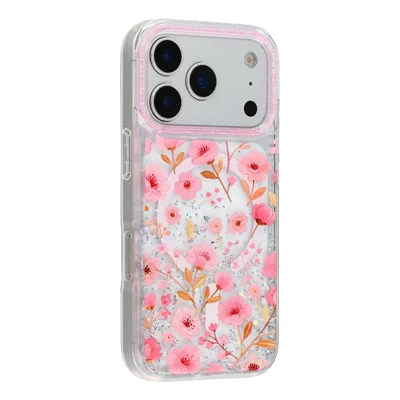 For iPhone 17 Pro Magnetic Case Glitter Epoxy PC + TPU Floral Aesthetic Phone Cover - Pink Peach Blossoms