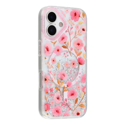 For iPhone 17 Magnetic Case Glitter Epoxy PC + TPU Floral Aesthetic Phone Cover - Pink Peach Blossoms