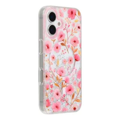 For iPhone 16 Magnetic Case Glitter Epoxy PC + TPU Floral Aesthetic Phone Cover - Pink Peach Blossoms