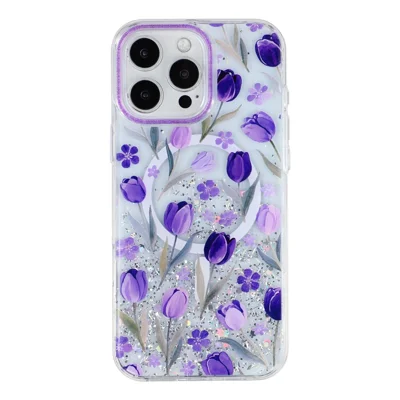 For iPhone 15 Pro Max Magnetic Case Glitter Epoxy PC + TPU Floral Aesthetic Phone Cover - Purple Tulips