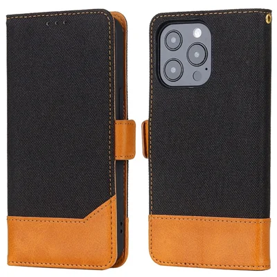 Bi-color Design Phone Stand Case Bag for iPhone 14 Pro Max, Anti-scratch Canvas+PU Leather+TPU Magnetic Clasp Wallet Cover - Black
