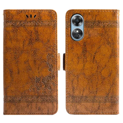 Étui portefeuille pour Oppo A17 4G / A17k 4G, housse folio en cuir PU avec motif floral cireux, antichoc, support intégré - Marron
