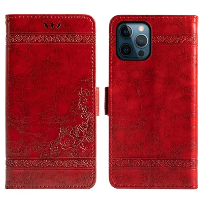 For iPhone 14 Pro Waxy Texture Leather Cell Phone Case Wallet Imprinted Flower Folio Cover Stand Shell - Red