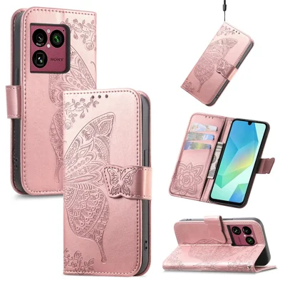 For Sony Xperia 1 VIII Case with Strap Butterfly Pattern PU Leather Wallet Phone Cover - Rose Gold