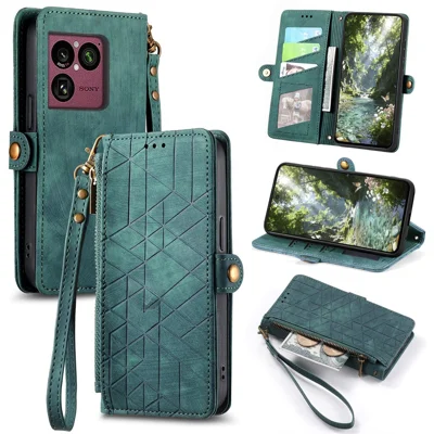 Custodia per Sony Xperia 1 VIII con Portafoglio con Cerniera, Geometria Linee, Copertura in Pelle con Cinturino - Verde