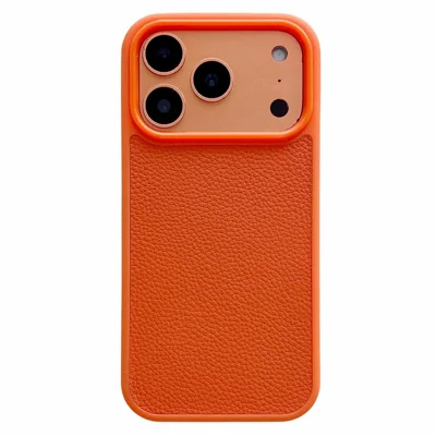 Capa para iPhone 17 Pro Max em Couro Genuíno de Vaca Texturizado + PC + TPU - Textura Litchi / Laranja