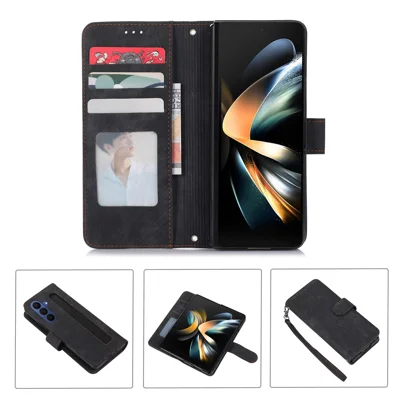 For Samsung Galaxy Z Fold8 Ultra Case PU Leather Wallet Phone Cover with Wrist Strap / Pen Holder - Black
