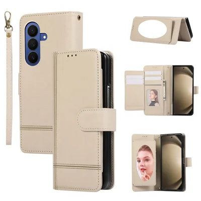 For Samsung Galaxy Z Fold8 Ultra Case Multi Card Slots PU Leather Phone Cover with Mirror / Wrist Strap - Beige