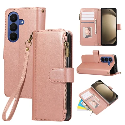 For Samsung Galaxy Z Fold8 Ultra Case Multi Card Slots Zipper Leather Phone Cover with Wrist Strap - Rose Gold