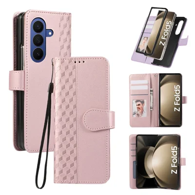For Samsung Galaxy Z Fold8 Ultra Case 3D Rhombus Grid Imprinted Wallet Leather Phone Cover with Wrist Strap - Rose Gold