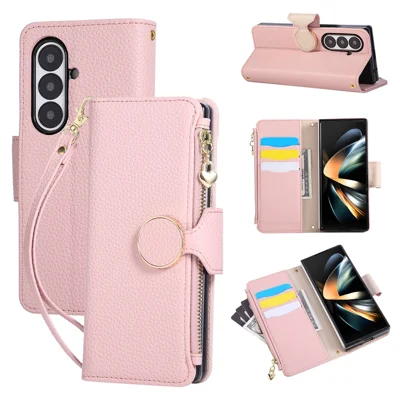For Samsung Galaxy Z Fold8 Ultra Case Zipper Wallet Leather Phone Cover with Wrist Strap - Pink