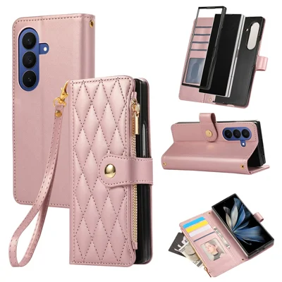 For Samsung Galaxy Z Fold8 Ultra Case Multi Card Slots Zipper Rhombus Leather Phone Cover with Wrist Strap - Rose Gold