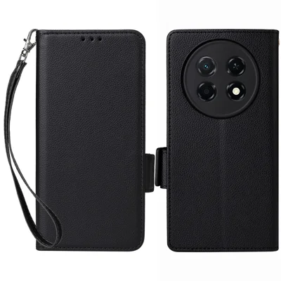 Etui do Huawei Enjoy 90 Pro Max / nova 15 Max, tekstura litchi, skórzane etui z portfellem i opaską na nadgarstek - czarny