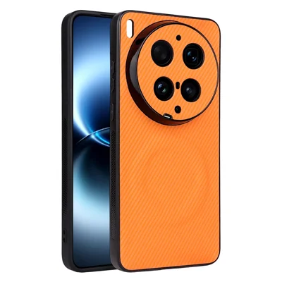 For vivo X300 Ultra 5G Case Carbon Fiber Texture Leather Coated TPU PC Phone Cover with Metal Ring for Magnetic Car Mount - Orange
