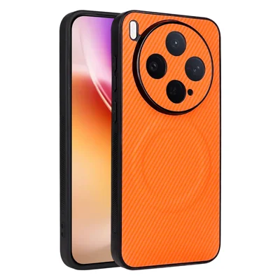 Für vivo X300 5G Hülle mit Carbon-Optik, lederbeschichteter TPU-PC-Handyhülle mit Metallring für magnetische Autohalterung - Orange