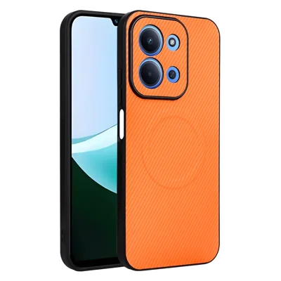 Чехол для Xiaomi Redmi 15C 4G (Global) (171 мм) / 15C 5G (Global) (171 мм) / Poco C85 4G (171 мм) с текстурой под углеродное волокно, кожаное покрытие, ТПУ, поликарбонат, с металлическим кольцом для магнитного держателя в автомобиле — оранжевый